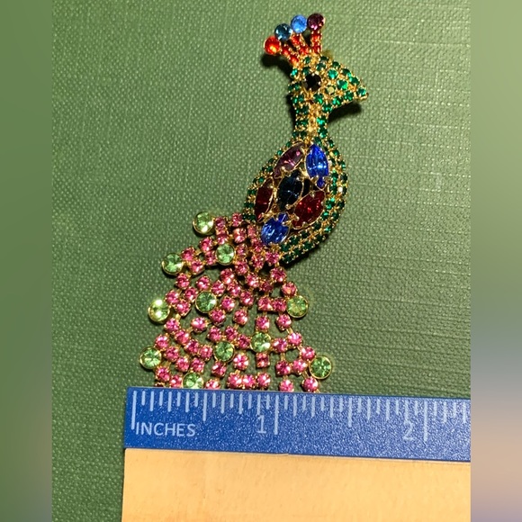Rhinestone Jeweled Peacock Pin Brooch Signed OTC On The Back.  4.5 inches tall - Picture 10 of 12